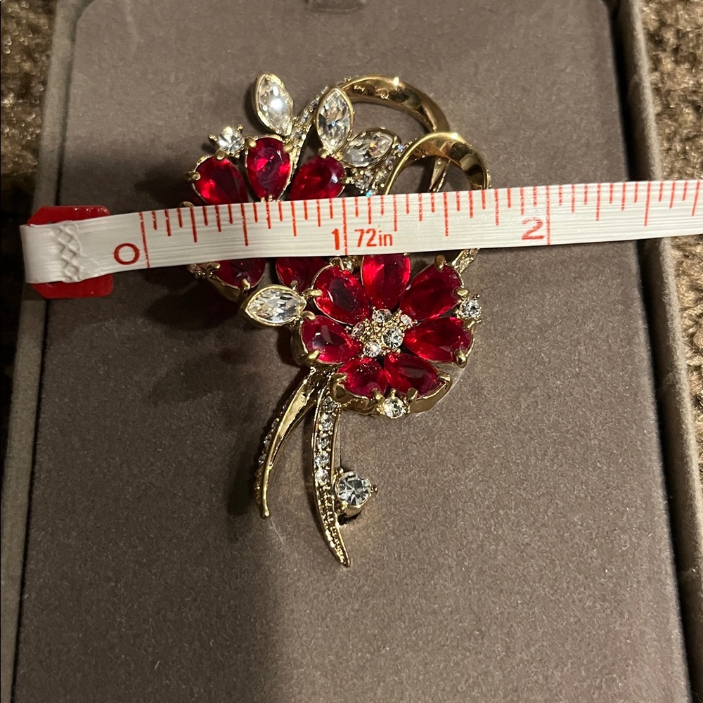 Nolan Miller Ruby Red Gossamer Flower and Gold Floral Brooch - Picture 7 of 7